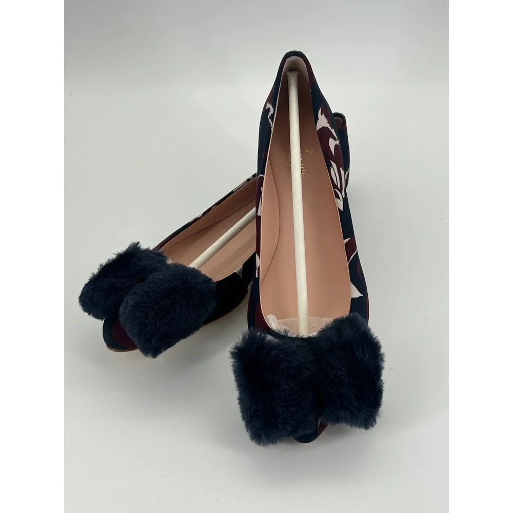 Kate Spade Elen Flats Size 8 Navy‎ Multi Fox Print Pom Pom New In Box
